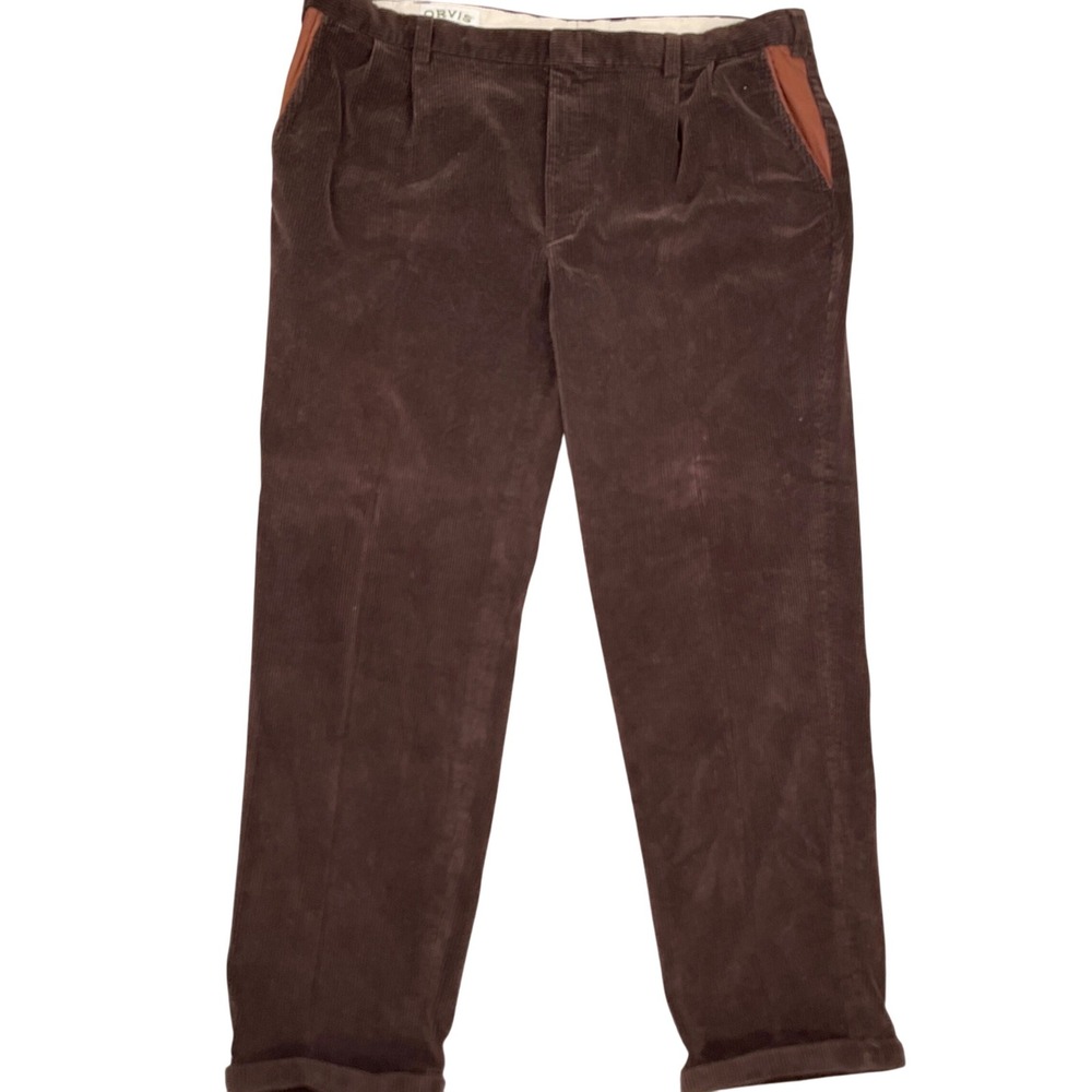 Orvis Corduroy Pants Mens 44 Brown Corduroy Pleat Leather Trim Cotton Trousers